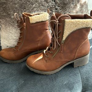Rock Candy boots! Never worn! Tan with wool trim.